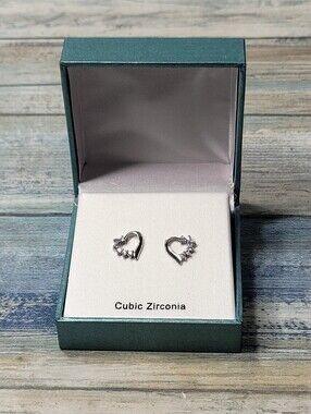 Silver Heart Cubic Zirconia Stud Earrings - Sparkling Silver Tone